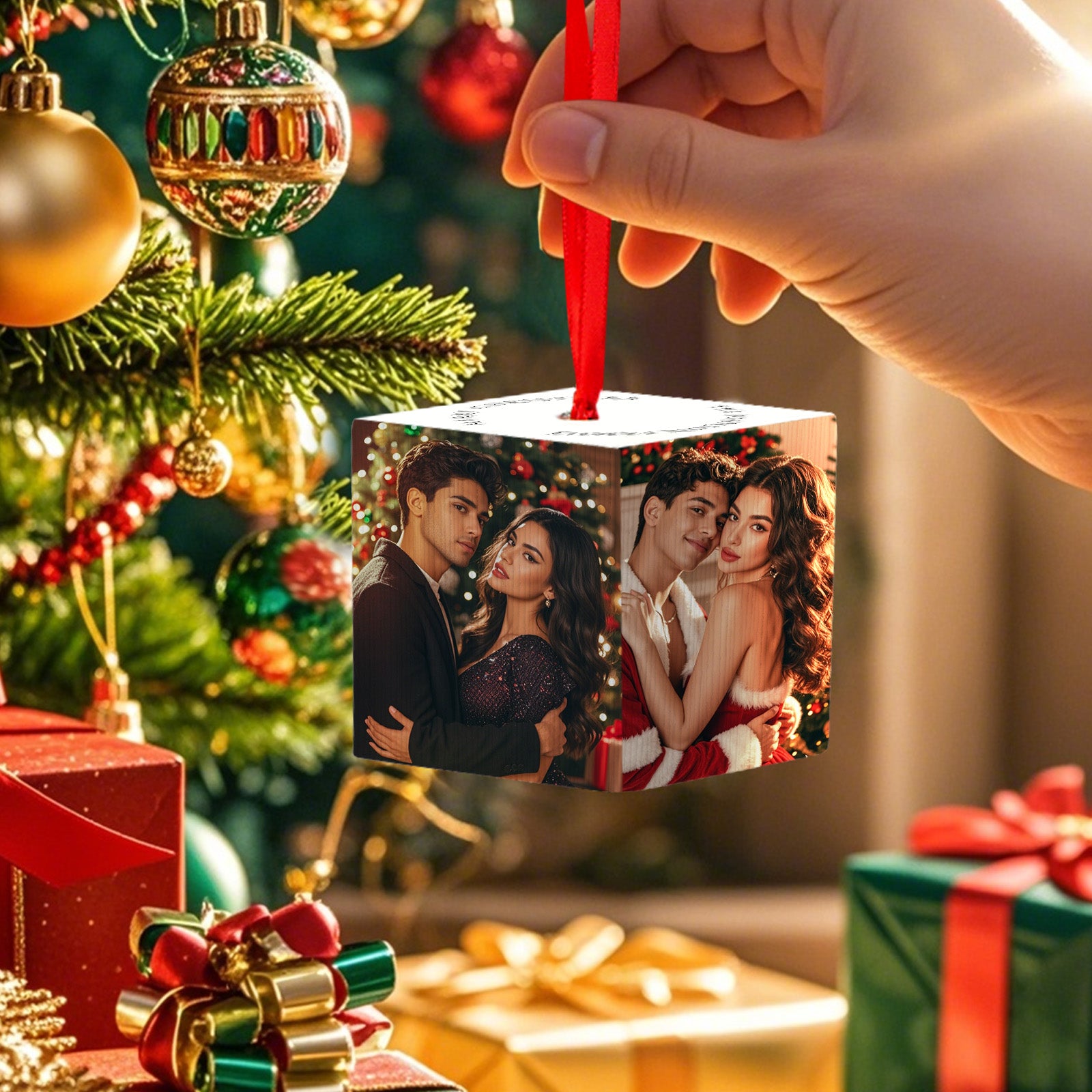 Joyeux Noël Famille Photo Cube Rouge Cube Ornement Personnalisé Simple 4 Photos Rouge Cube Ornement