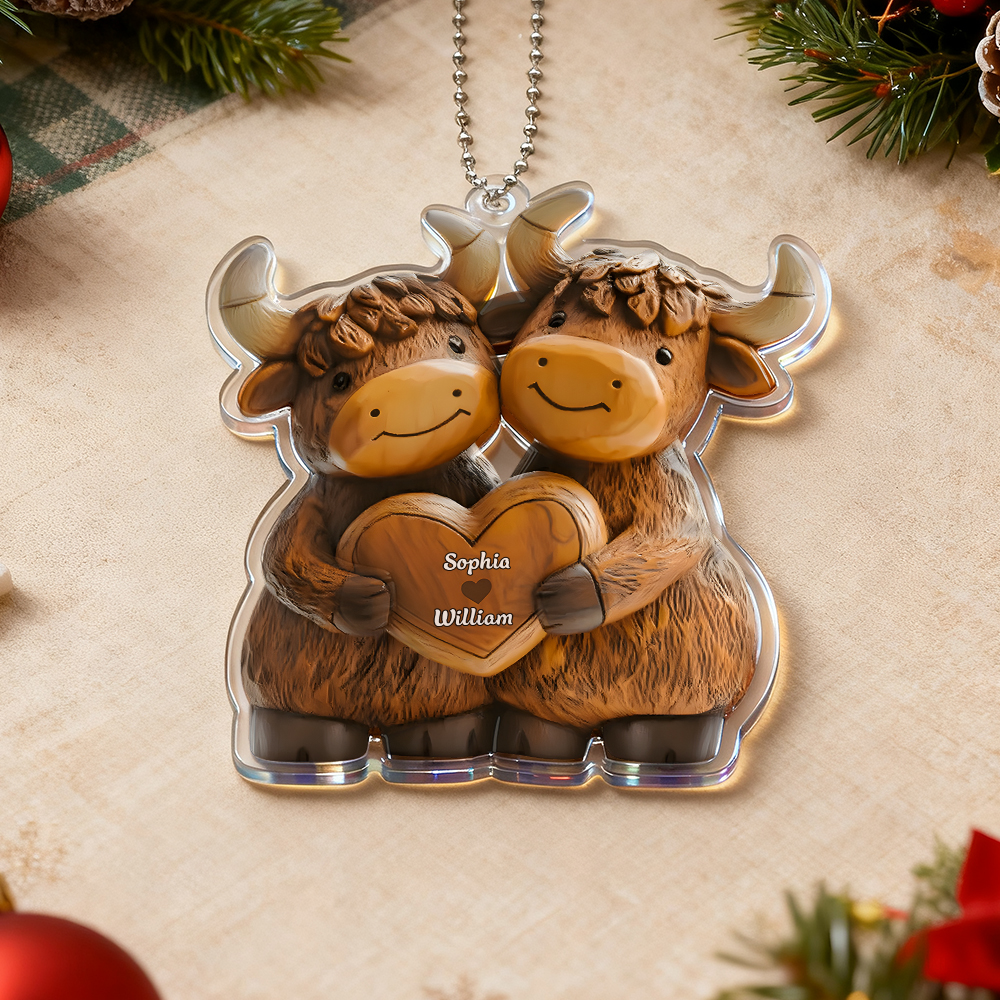 Highland Cowl Couple - Ornement Acrylique De Noël Personnalisé
