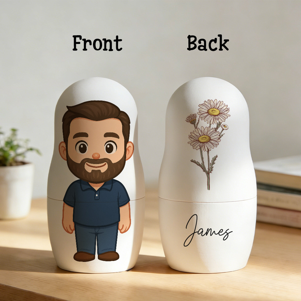 Poupée Russe Personnalisée Avec Portrait De Fleur De Naissance Et Nom, Style Dessin Animé, Cadeau D'anniversaire