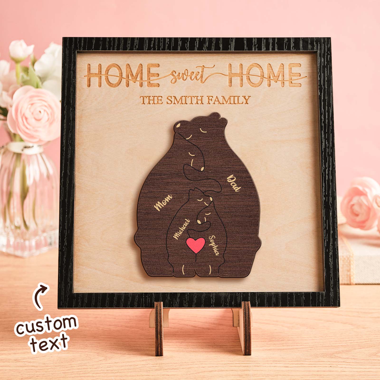 Puzzle Familial Avec Nom Ours Personnalisé, Cadre En Bois, Décorations De Maison En Bois Personnalisées, Cadeau De Fête Des Mères