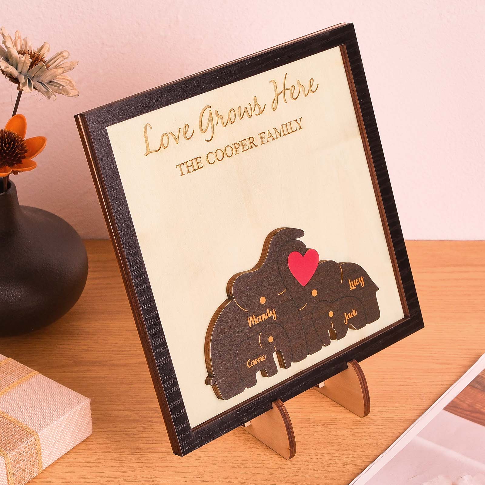 Puzzle Familial D'éléphants Avec Nom Personnalisé, Cadre En Bois, Décorations De Maison Personnalisées, Cadeau De Fête Des Mères