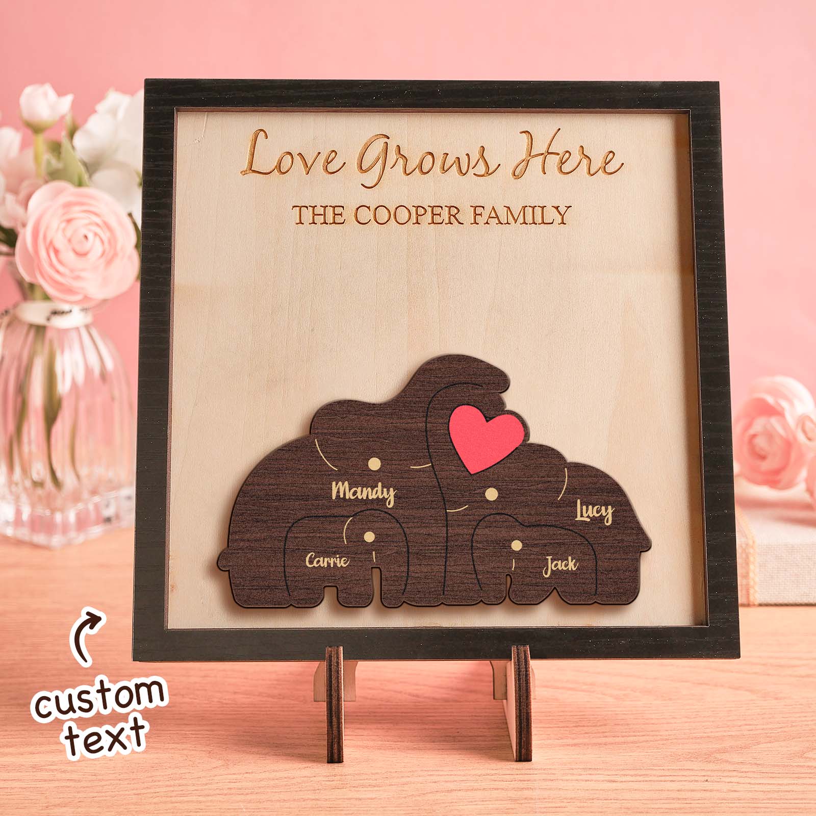 Puzzle Familial D'éléphants Avec Nom Personnalisé, Cadre En Bois, Décorations De Maison Personnalisées, Cadeau De Fête Des Mères