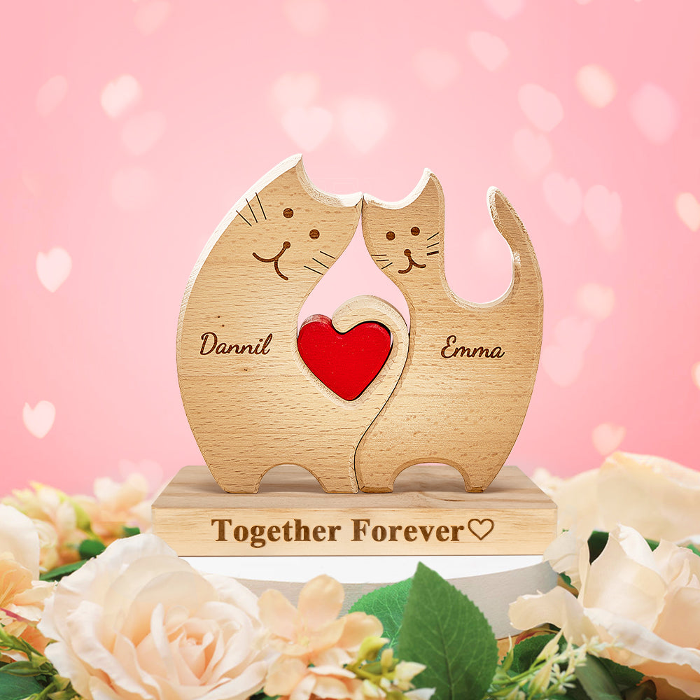 Cadeaux de la Saint-Valentin Chats En Bois Personnalisés, Noms De Membres De La Famille, Puzzle, Cadeaux De Décoration Pour La Maison（Seul Puzzle）