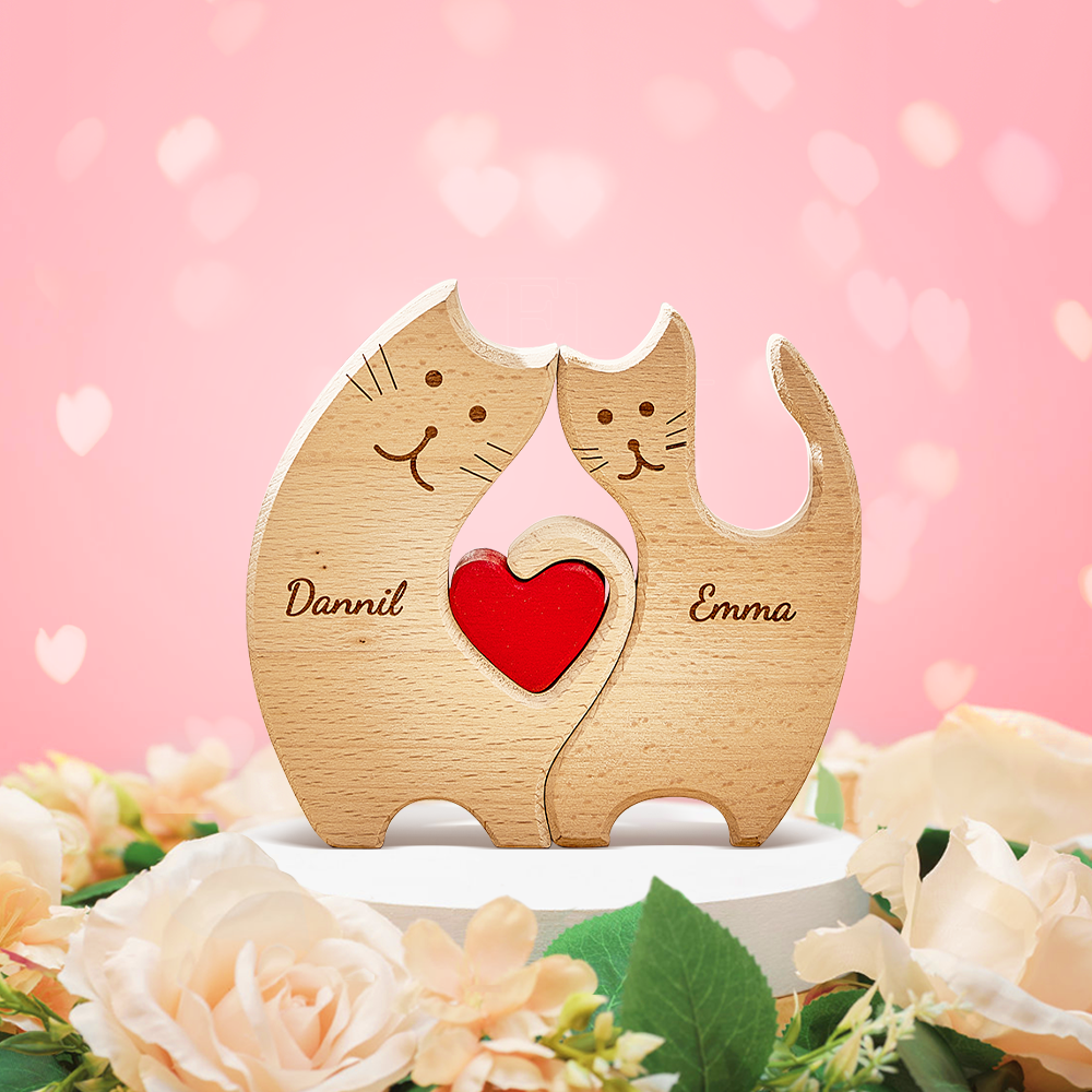 Cadeaux de la Saint-Valentin Chats En Bois Personnalisés, Noms De Membres De La Famille, Puzzle, Cadeaux De Décoration Pour La Maison（Seul Puzzle）