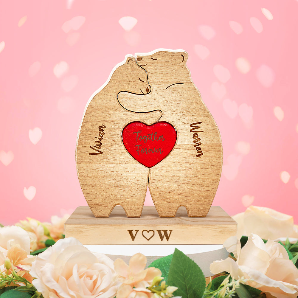 Ours Câlins En Bois Personnalisés, Puzzle Avec Noms De Membres De La Famille, Cadeaux De Décoration Pour La Maison（Seul Puzzle）