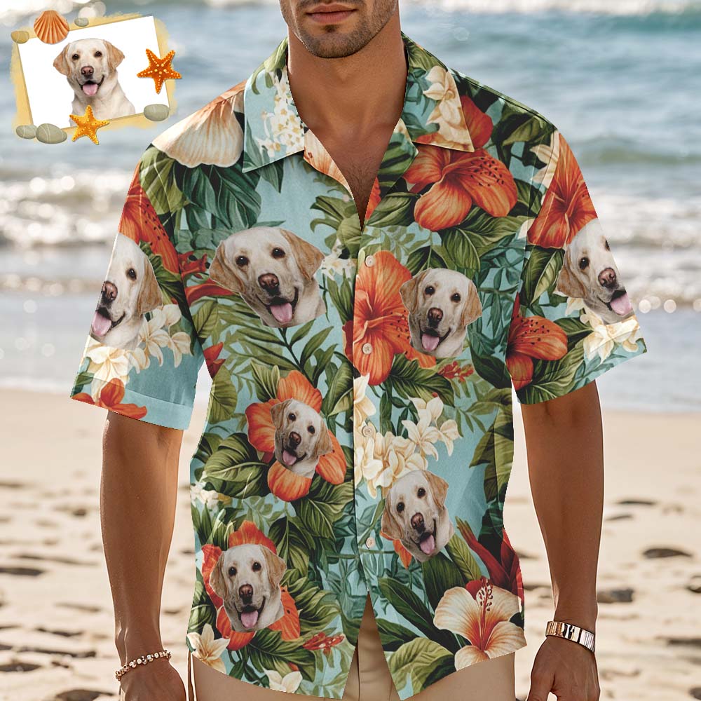 Chemise Hawaïenne Personnalisée Avec Fleurs Rouges, Chemise Hawaïenne Photo Personnalisée, Chemises De Fête Amusantes Pour Les Amoureux Des Animaux