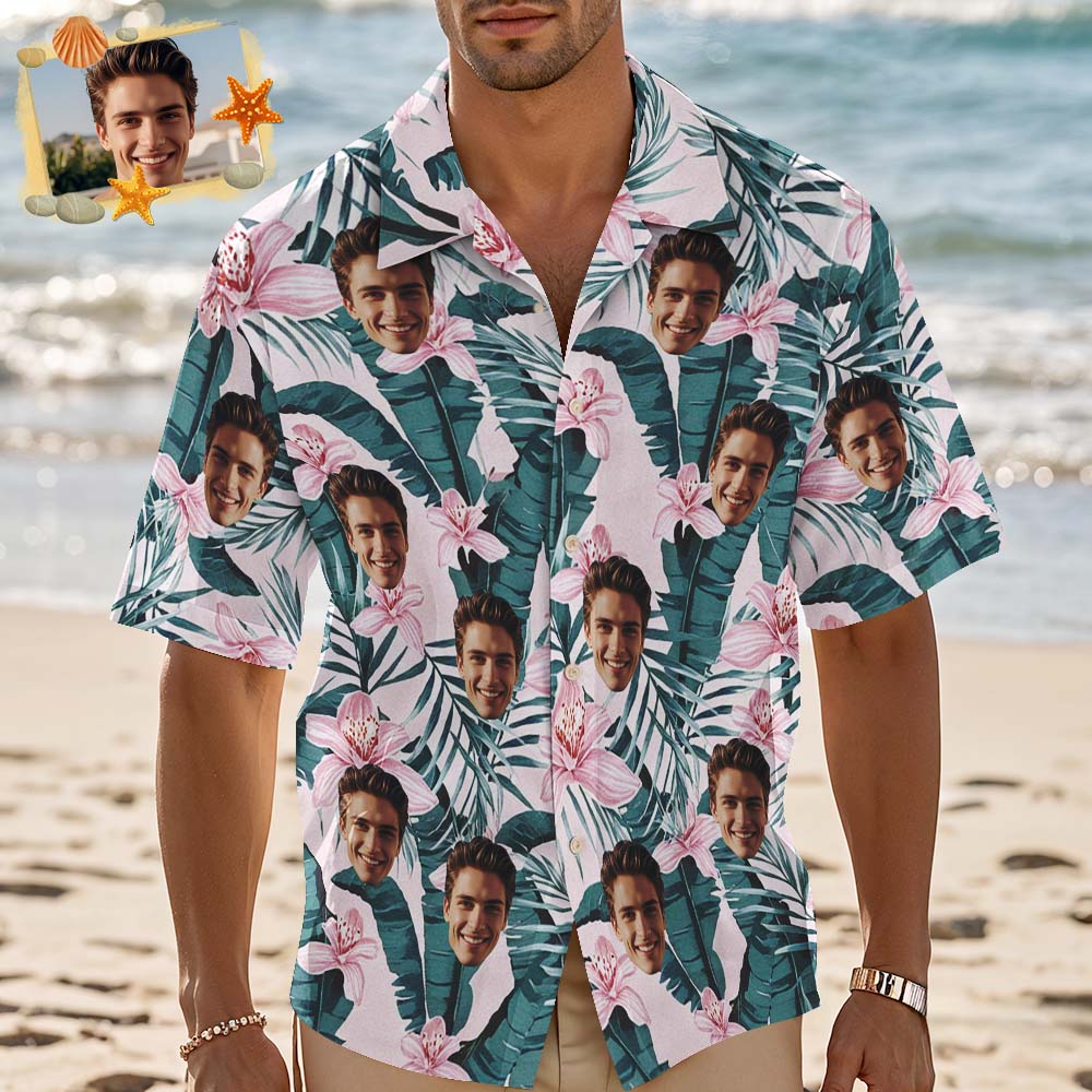 Chemise Hawaïenne Personnalisée Fleurs Et Feuilles Chemise Hawaïenne Photo Personnalisée Cadeau Amusant