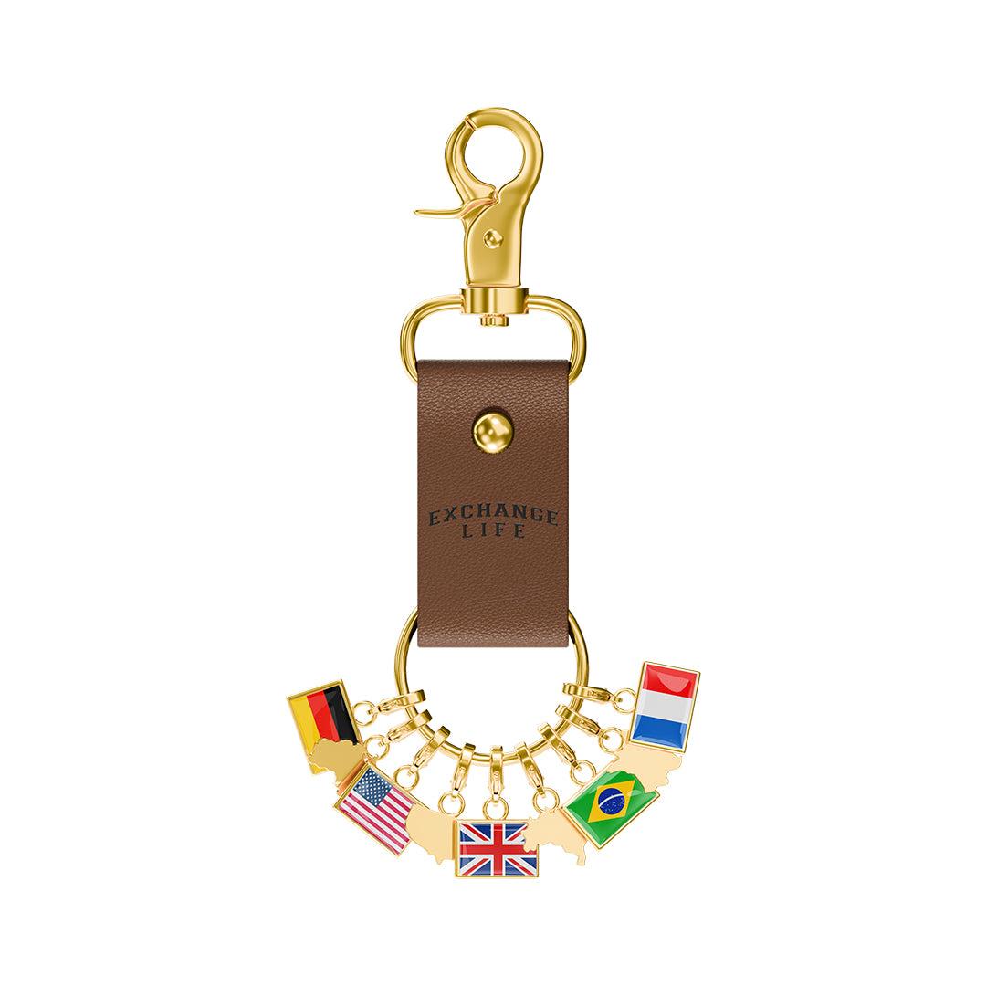 Porte-clés drapeau et carte du voyageur du monde, porte-clés à breloques multi-pays avec bracelet en cuir