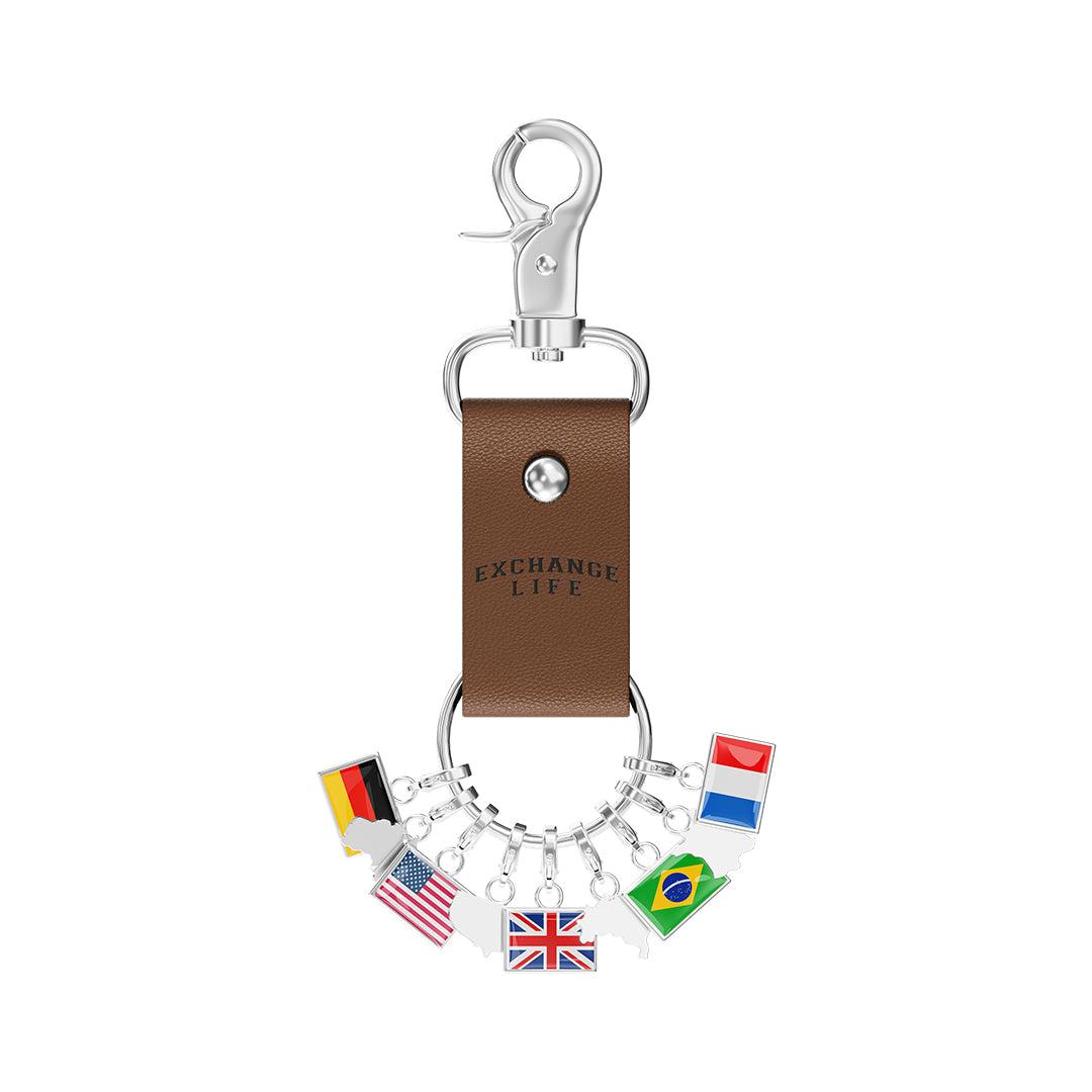 Porte-clés drapeau et carte du voyageur du monde, porte-clés à breloques multi-pays avec bracelet en cuir
