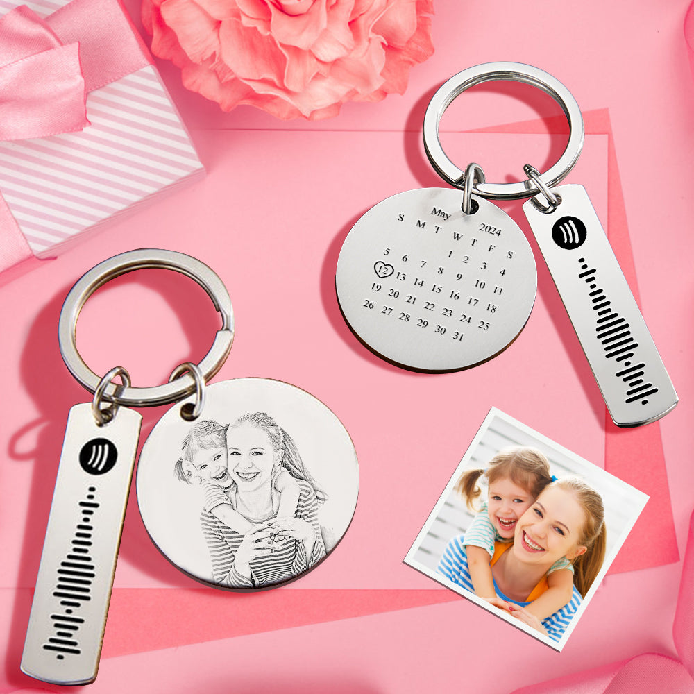 Cadeaux de la fête des mères Calendrier photo personnalisé Porte-clés Spotify Porte-clés personnalisé en acier inoxydable