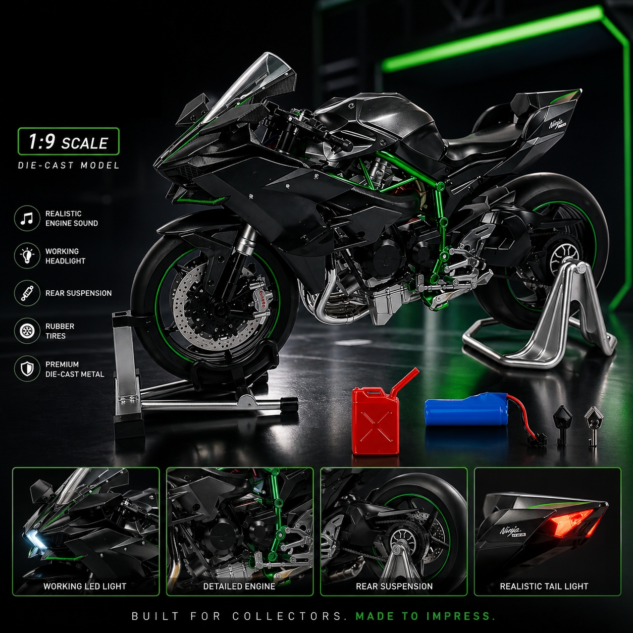 Modèle de Moto pour H2R, modèle de Moto en métal moulé sous pression avec clé d'imitation, son et lumière pulvérisée