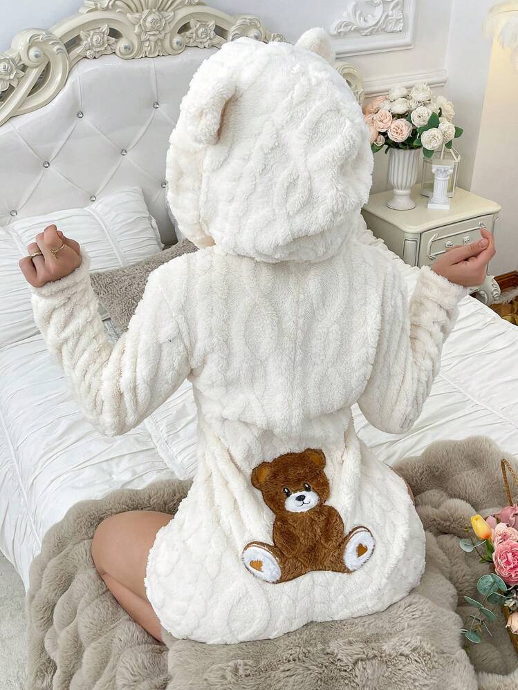Combinaison-pyjama En Peluche Douce Et Moelleuse À Capuche Avec Broderies Représentant Un Ours En Peluche, Pour Femme. Détails Confortables Et Élégants, Idéale Pour L'automne Et L'hiver.