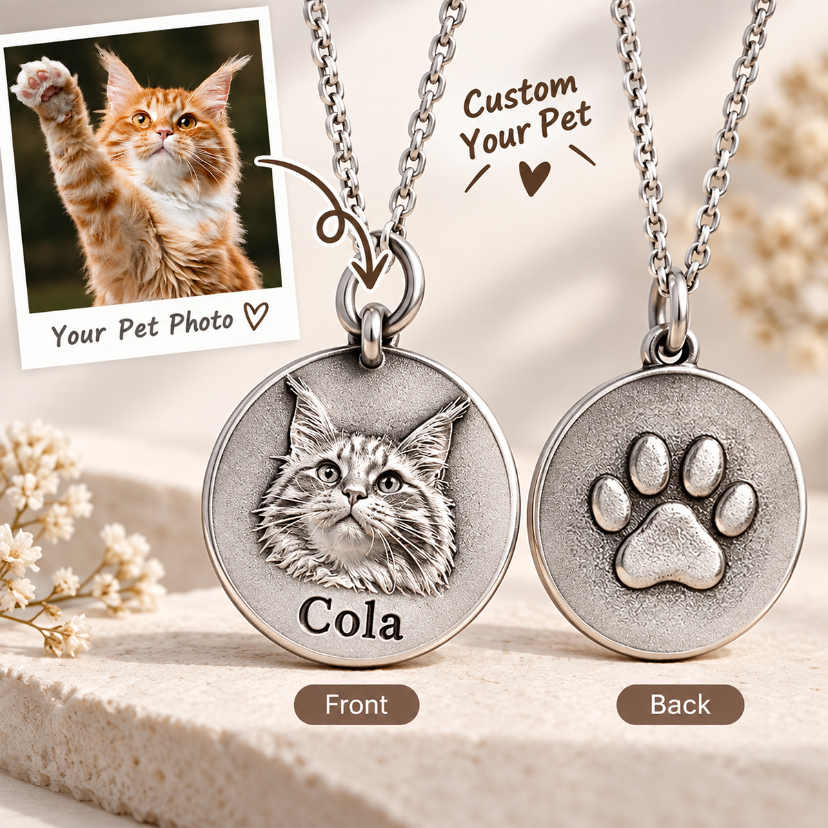 Personalisierte 925 Sterling Silber 3D Relief Haustier Foto Münze Halskette, Individuelles HaustierPortrait Münze Medaillon Geschenk Für Haustierliebhaber