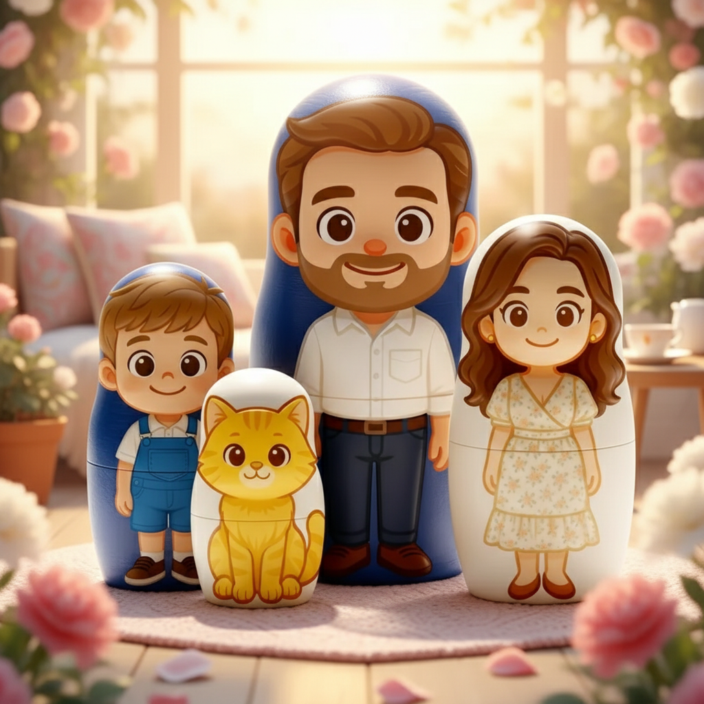 Personalisiertes Porträt, Matrjoschka-puppe, Individuelles Familienporträt Im Cartoon-stil, Geschenk, Fotogeschenk Für Mama