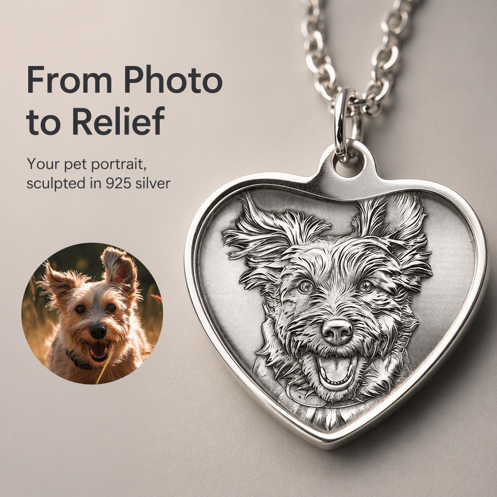 Personalisierte 925 Sterling Silber 3D Relief Herz Haustier Kopf Porträt Anhänger Individuelle Foto Charm Halskette Geschenk Für Hundemütter