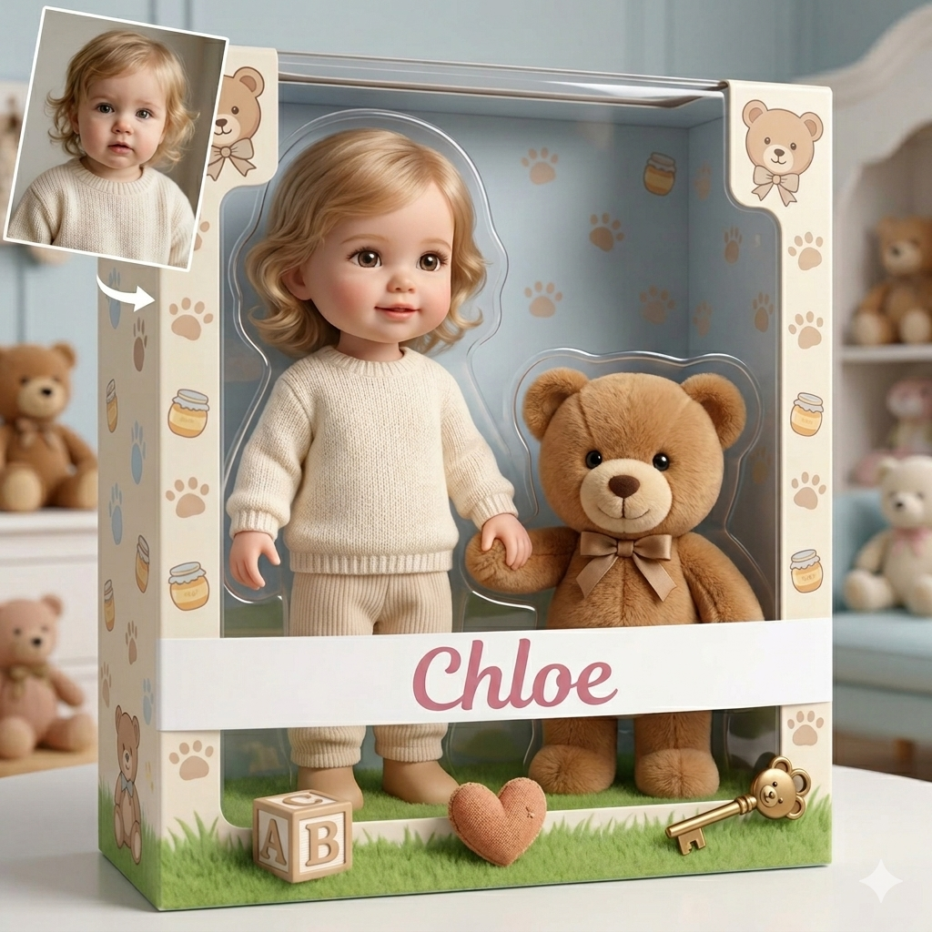 Personalisiertes Ki-bärenfoto Auf Acrylplakette Im Cartoon-stil – Individuelles Teddybär-porträt – Warm Und Kuschelig Für Kinder