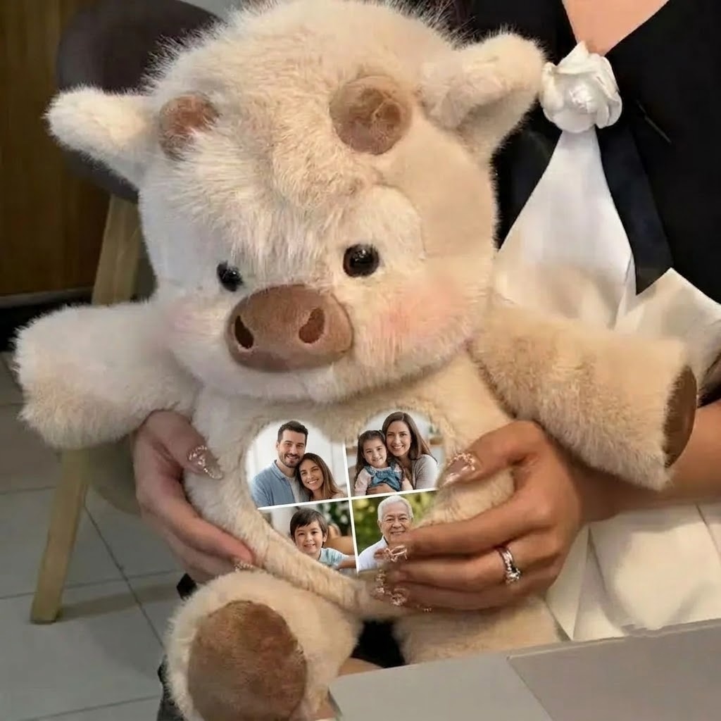 Personalisiertes Foto-Plüschtier „Laufende Highland-Kuh“, Personalisiertes 4-Foto-Herz-Stofftierspielzeug Für Paare Oder Kinder