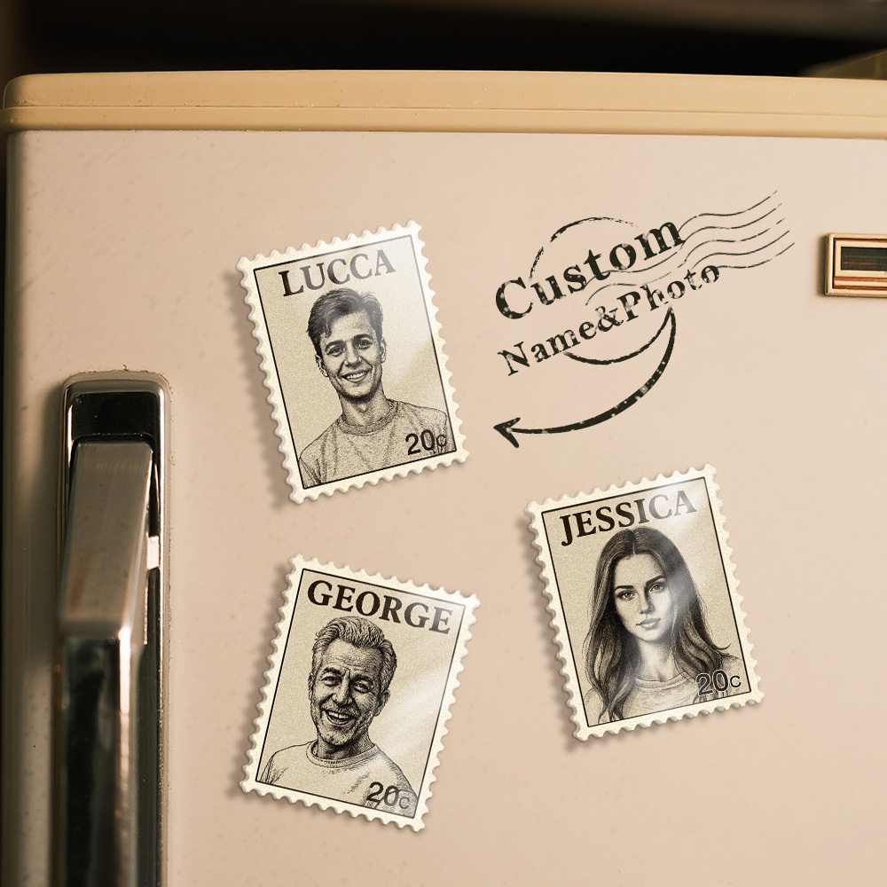 Kühlschrankmagnet Mit Individuellem Portrait Und Vintage-stempel, Personalisierter Fotoname, Briefmarke, Kühlschrankmagnet, Jubiläumsgeschenke