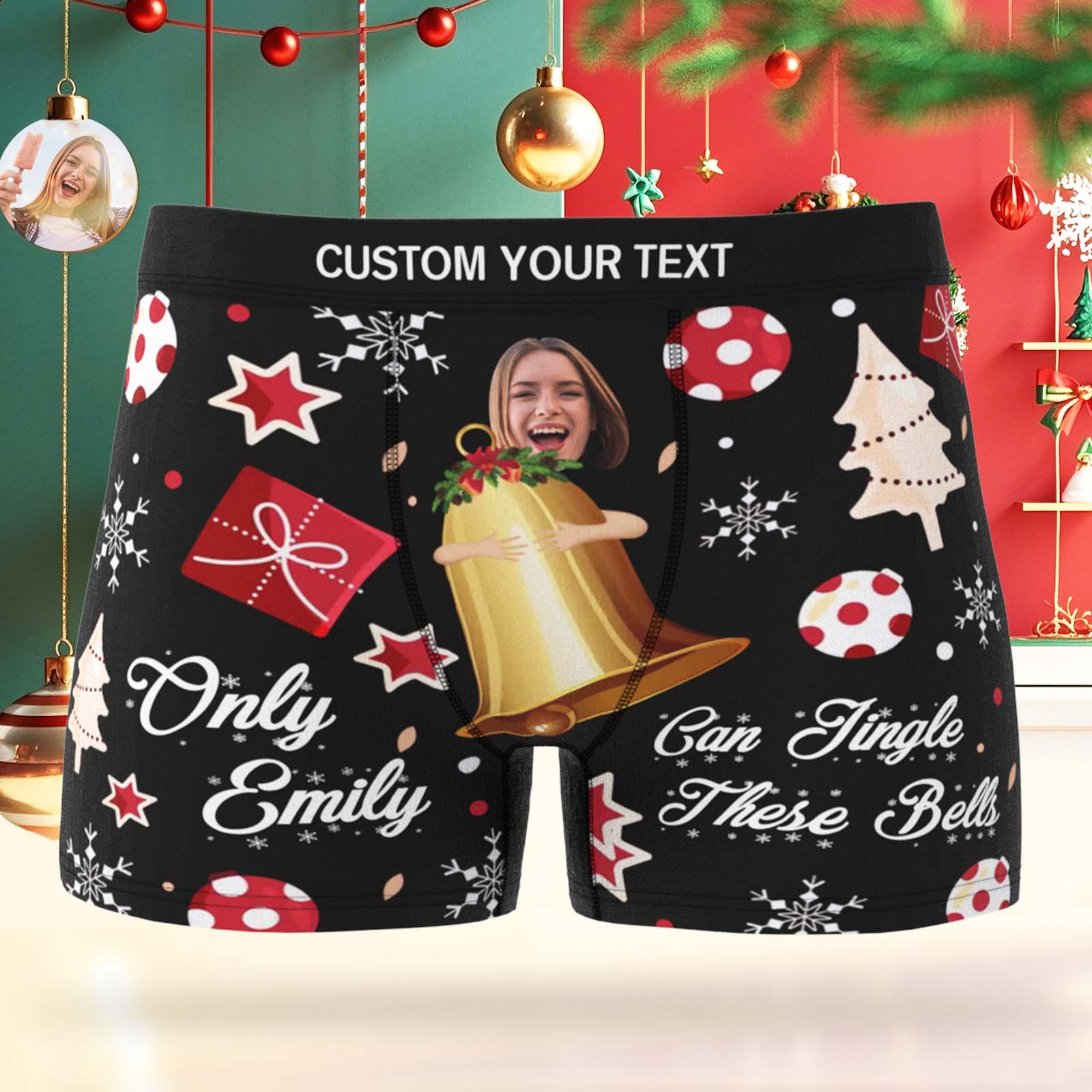 Personalisierte Boxershorts Mit Gesichtsmotiv Für Herren – Geschenk Vom Weihnachtsmann – Nur Emily Kann Diese Glöckchen Klingeln Lassen – Lustige Boxershorts Mit Foto Für Herren