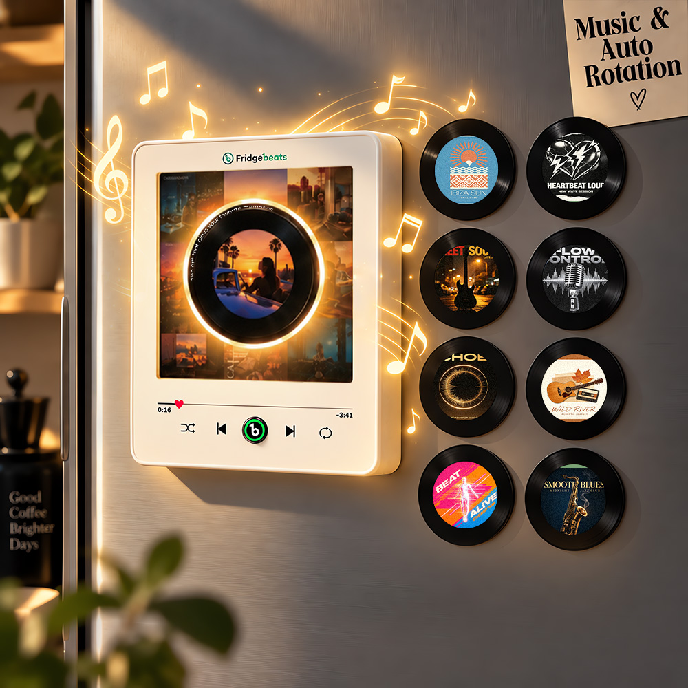 Personalisierter Kühlschrankmagnet Mit Foto- Und Musik-Vinylscheibe, Drehbarer Schallplatte Und Dynamischer LED-Beleuchtung (Version 6.0)