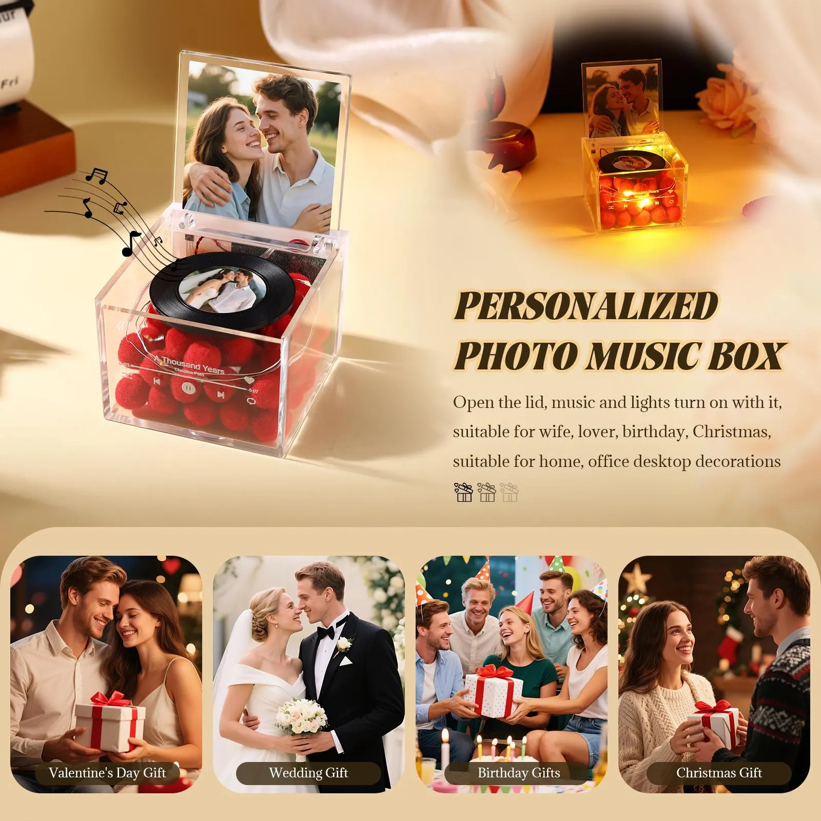 Premium Mini-musikrekorder Mit Automatischem Musikabspieler, Personalisiertem Foto Und Licht, Acrylbox