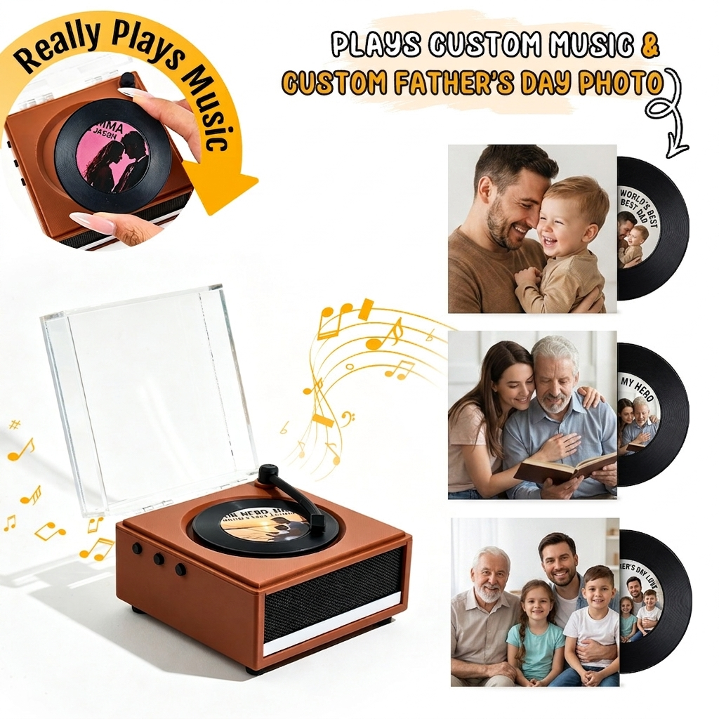 Personalisierter Mini-Vinyl-Musikplayer, Der Musik Spielt | Jedes Vinyl Kann Ein Anderes Lied Abspielen, Individuelles Fotoalbum-Cover, DIY-Vinyl-Farbgeschenk Für Papa Zum Vatertag