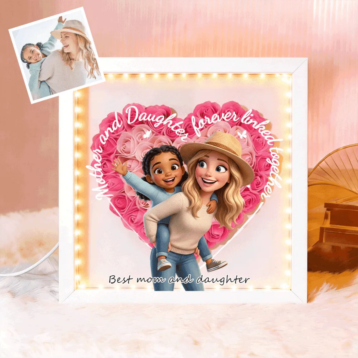 Personalisierte Blumen-schattenbox Mit Individueller Cartoon-fotografik – Geschenk Für Mama