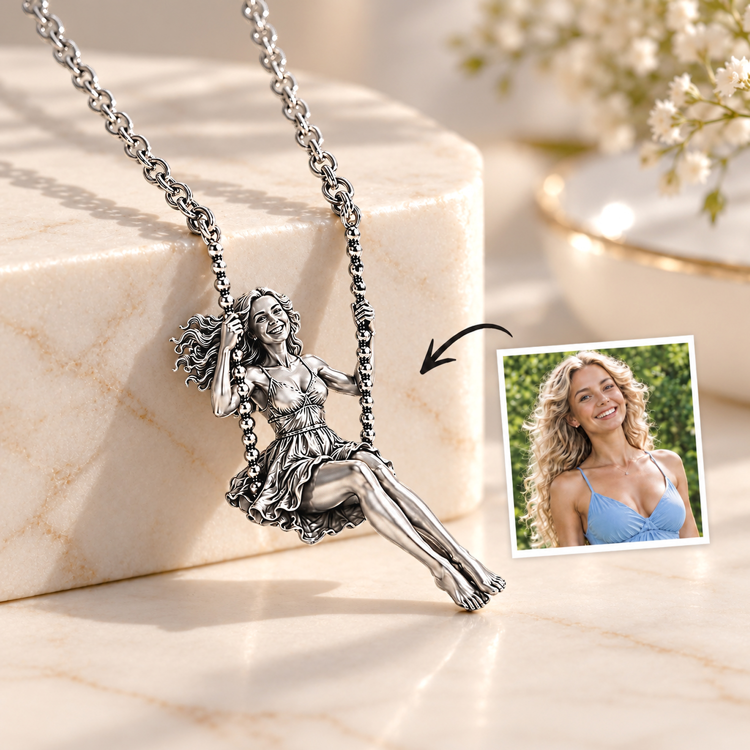 Personalisierte Halskette Mit Swing-Anhänger Aus 925er Sterlingsilber – Personalisierte Fotoskulptur, Handgefertigter Schmuck