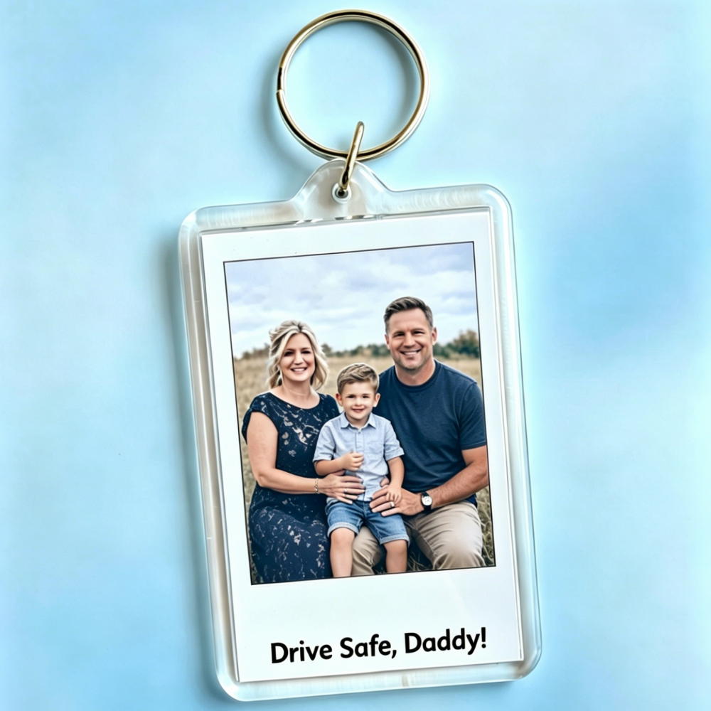 Personalisierter Polaroid-Foto-Schlüsselanhänger, Acryl-Schlüsselanhänger mit Text/Datum, Geschenk für Paare und Familie, Vatertagsgeschenk