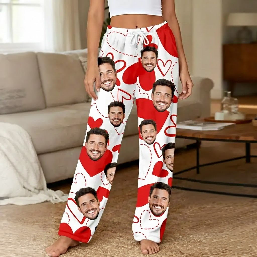 Custom Pajamas Pants White Base Hollow Dotted Line Solid Heart Valentine's Gift for Her