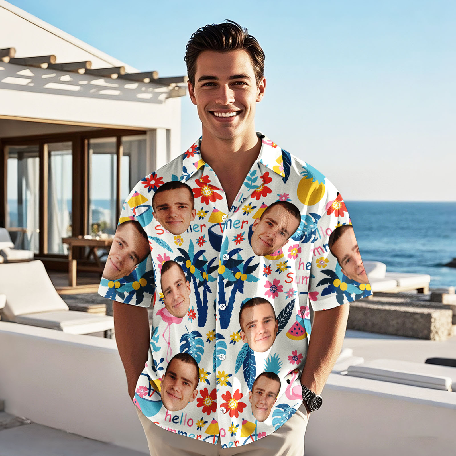 Custom Men's Face Hawaiian Shirt Refreshing Plant Flamingo Hawaiian Shirts