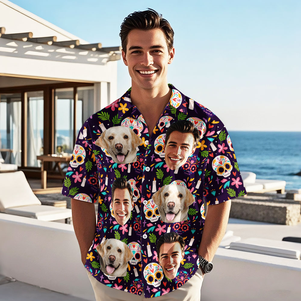 Custom Photo Hawaiian Shirts Personalized Face Mexican Hawaiian Shirt Skull Pattern for Him