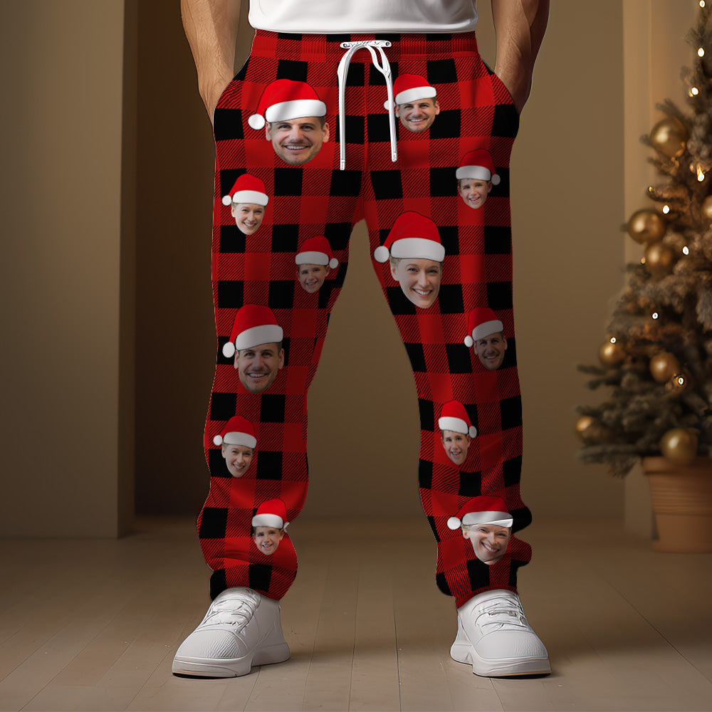 Custom Face Sweatpants Personalized Photo Christmas Family Buffalo Plaid Golf Pants for Him
