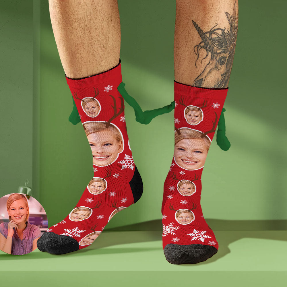 Custom Face Socks Funny Doll Mid Tube Socks Magnetic Holding Hands Socks Cute Elk - GiftLabca