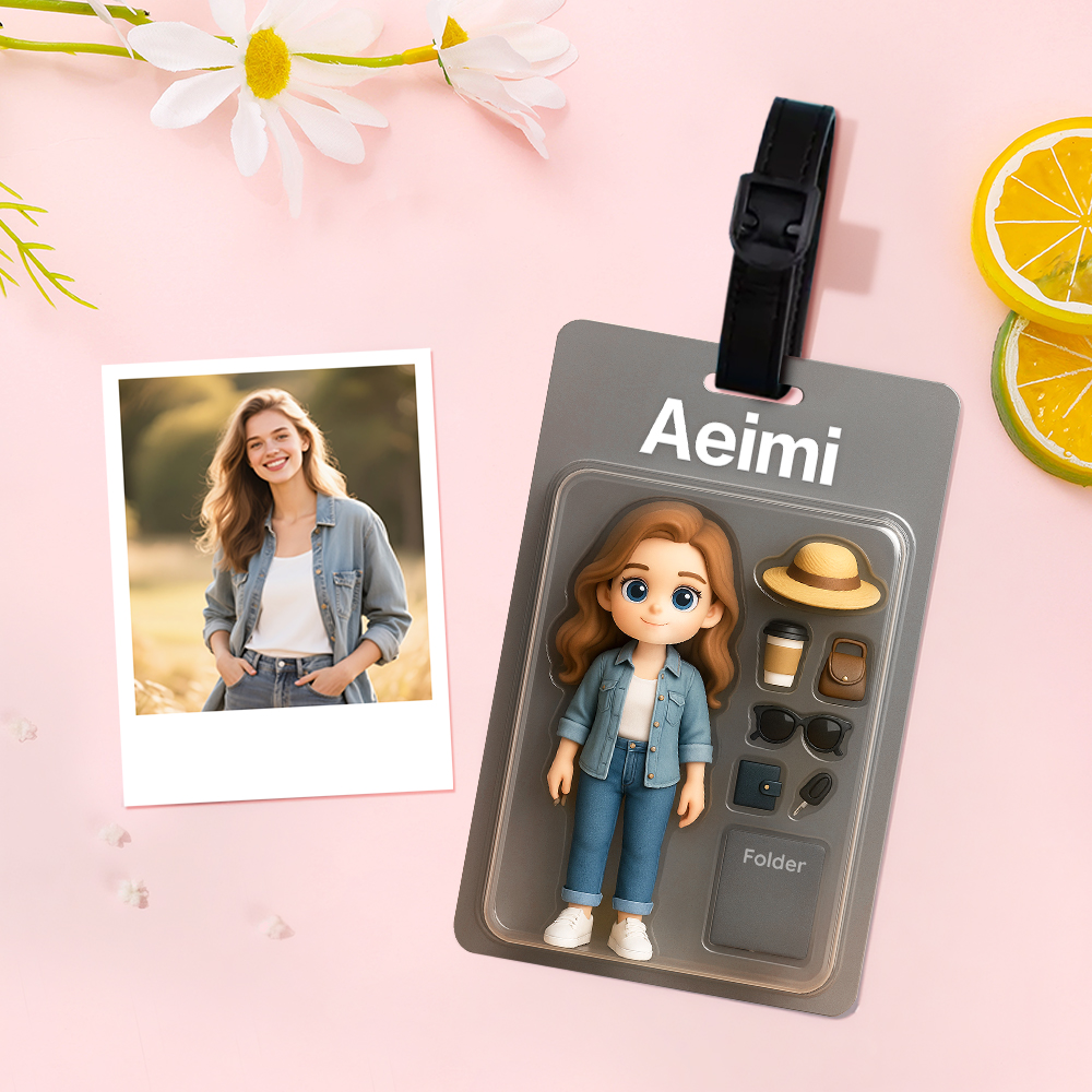 Fully Body Custom 3D Effect Cartoon Character Traveling Luggage Tag with Photo and Name 2D Printing Travel Accessory Birthday Gift for Travel Lover