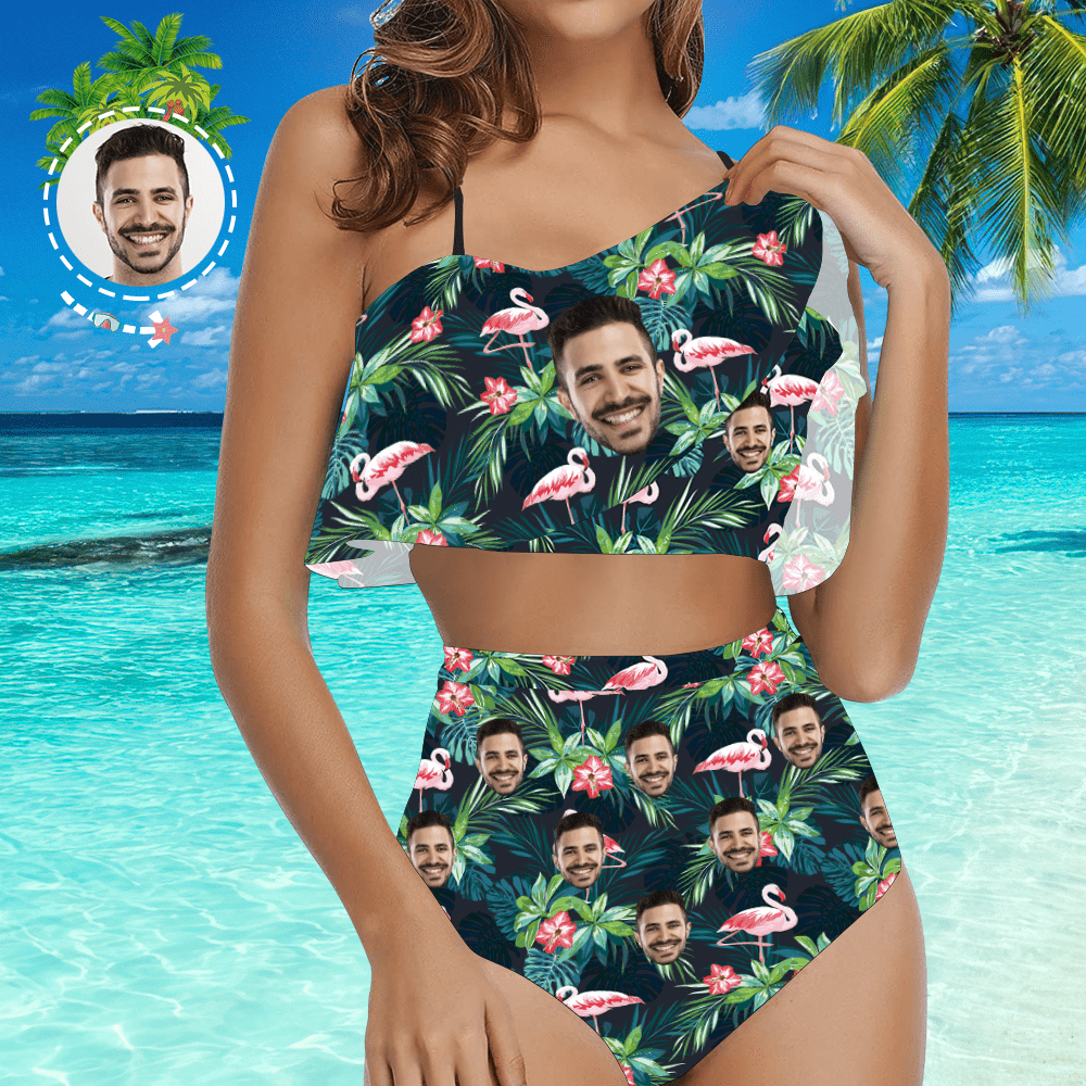 Custom Swimsuit Face High Waisted Bikini Suit Gift For Her - Leaves & Flamingo
