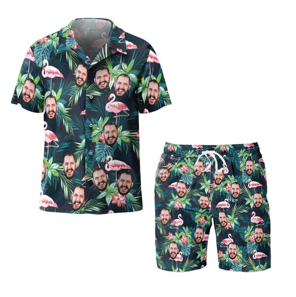 Custom Face Hawaiian Shirt Beach Shorts and Set Personalized Men's Photo Flamingo Flower Set Vacation Party Gift