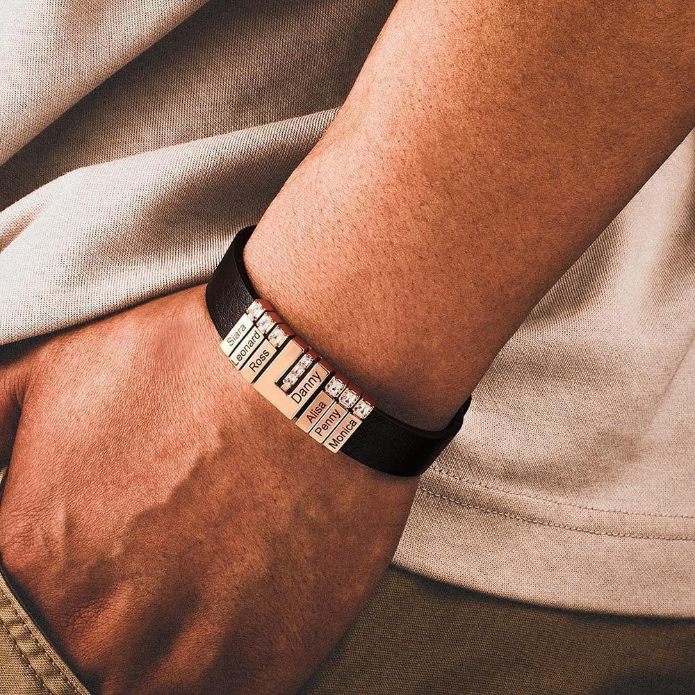 Men's Personalized Leather Bracelet With Adjustable Diamond Beads, Perfect Gift For Father's Day Rose Gold Plated Stainless Steel