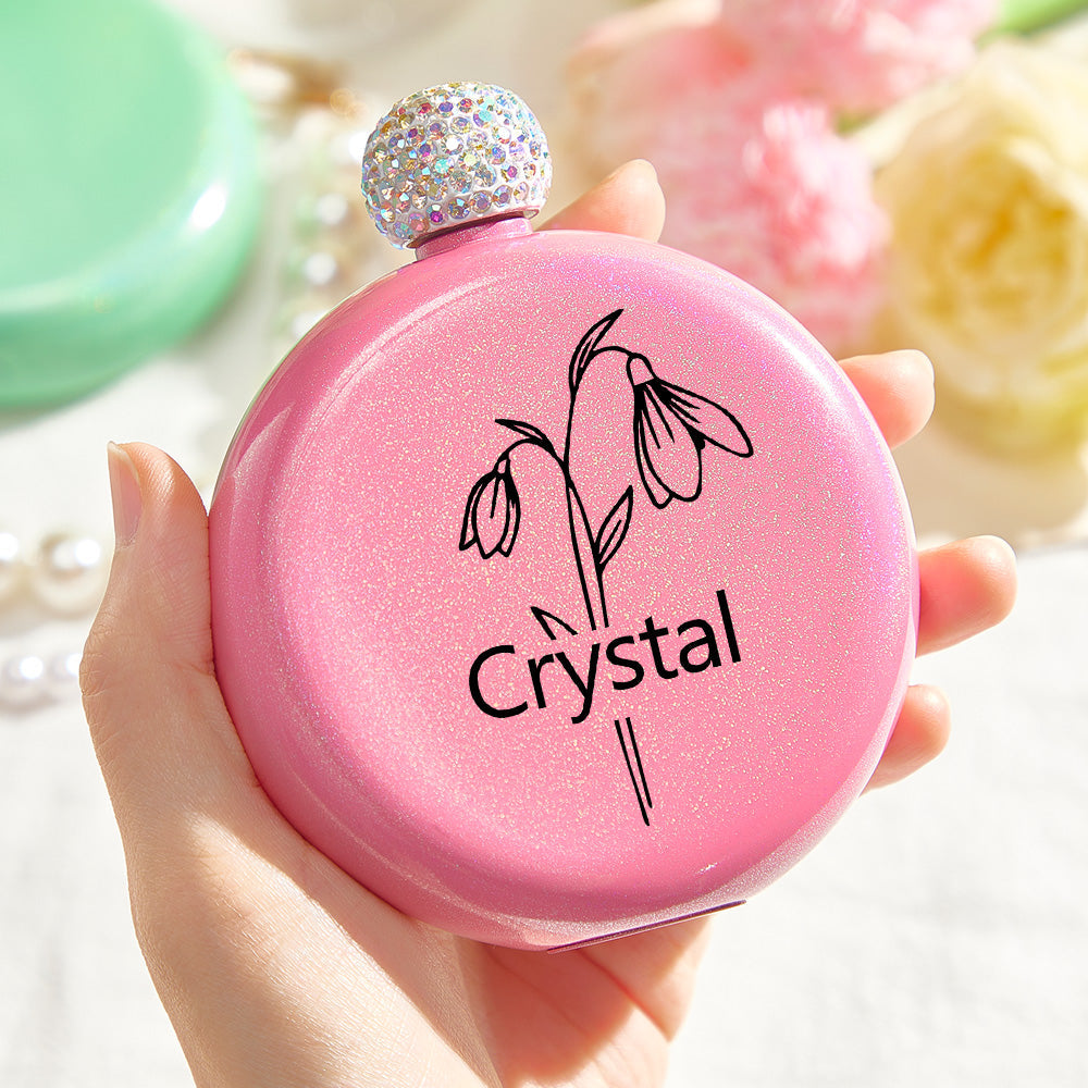 Personalized Birth Flower Round Flasks with Name 5oz Glitter Flask Wedding Birthday Gift for Her - GiftLabca