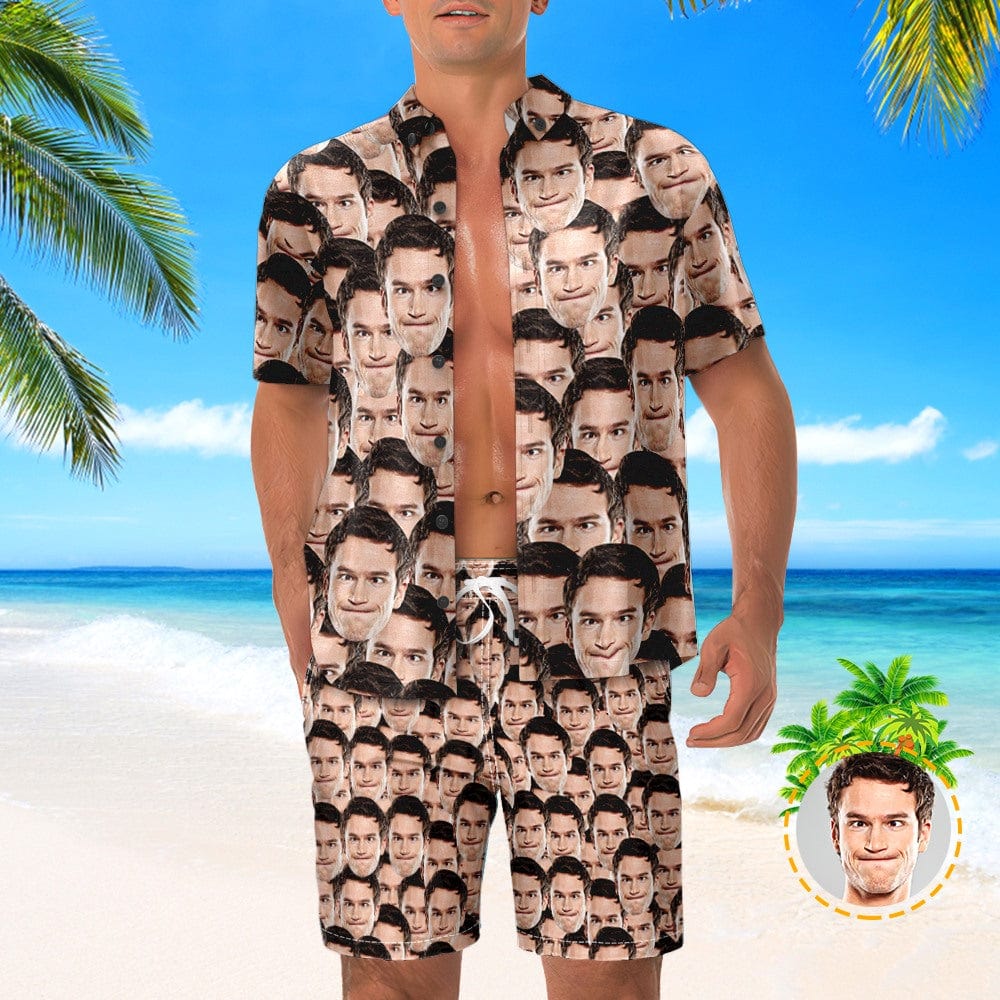 Custom Face Hawaiian Shirt And Beach Shorts Set Personalized Men's Photo Face Mash Set Vacation Party Gift