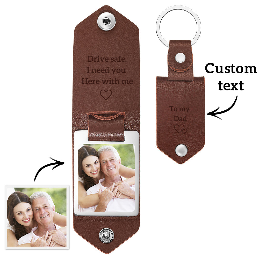 Photo Keychain Custom Leather Keyring with Text Gifts for Dad
