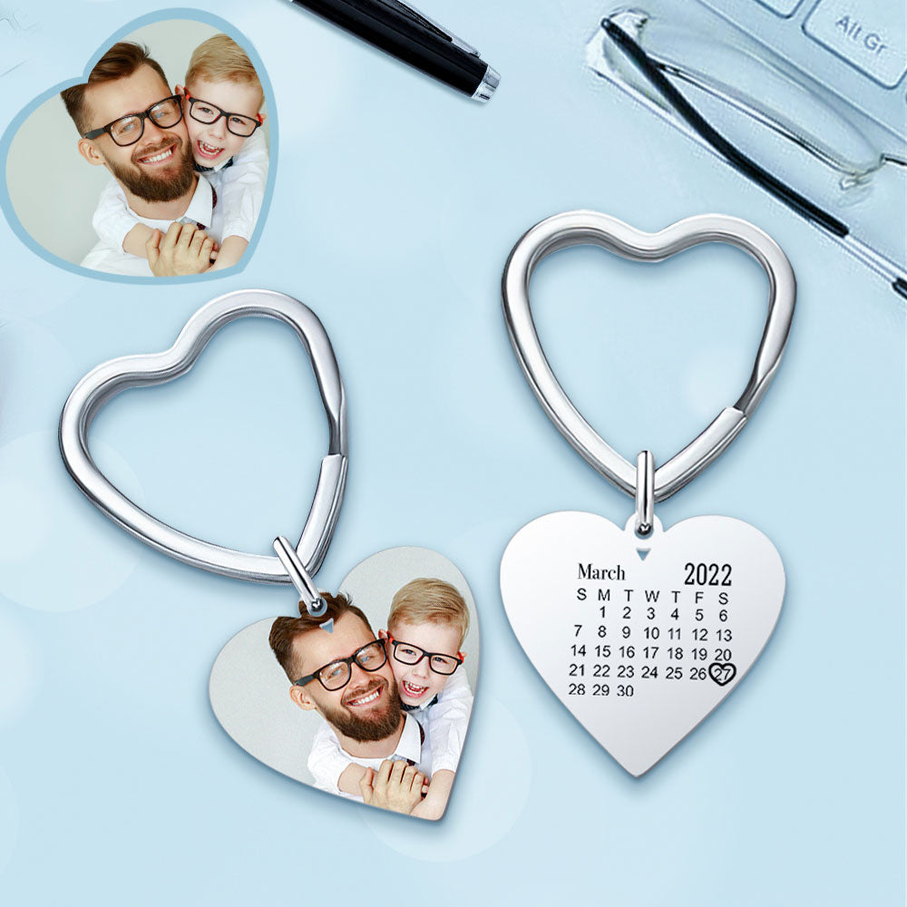 Fathers Day Keychain Engraved Photo Keychain Gifts for Dad with Heart