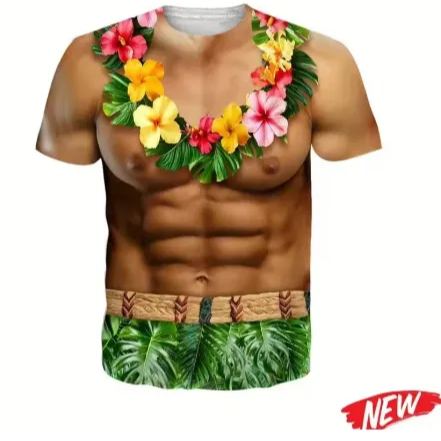 Funny Hawaiian Abs T Shirts for Men Novelty Muscle Print Beach Tees Gag Gifts for Summer Vacation Tropical Party Costume Shirts Multiple Styles