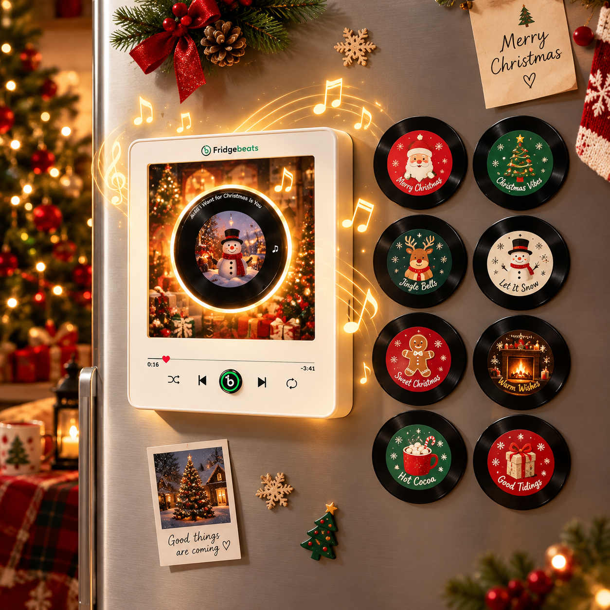 Christmas Gift Personalized Photo & Music Vinyl Fridge Magnet with Rotating Record– Custom Records with Dynamic LED Light Fridgebeats V6.0 - GiftlabCA