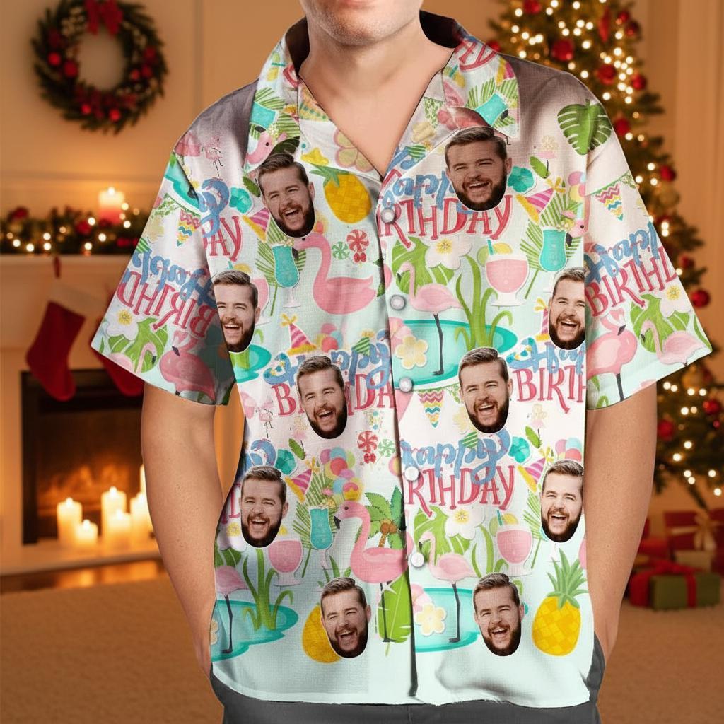 Custom Happy Birthday Hawaiian Shirt Flamingo Party Personalized Face Shirt