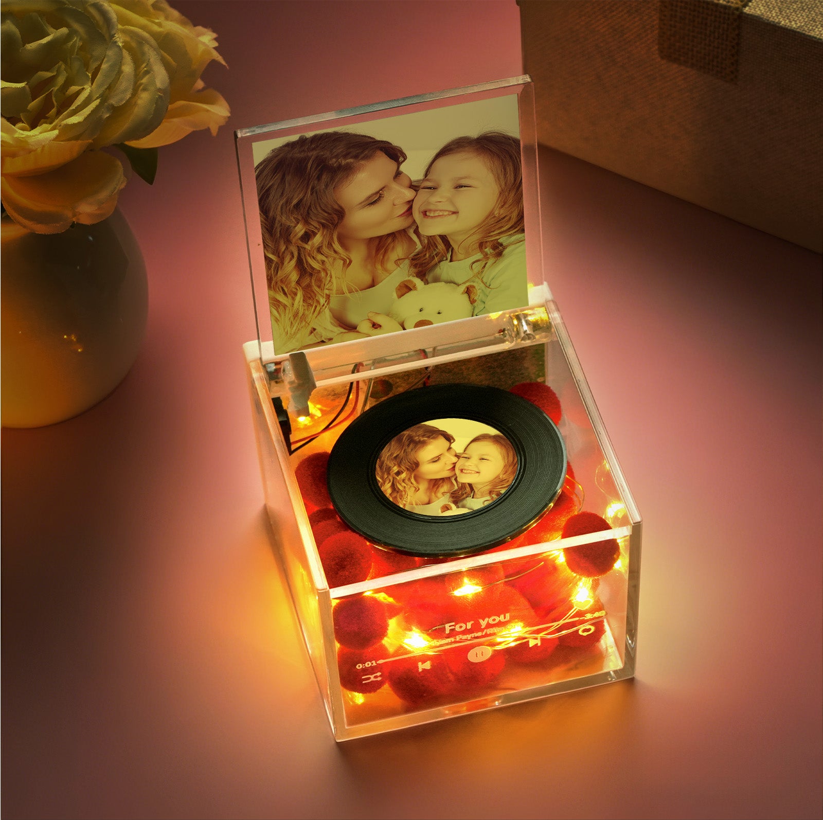 Mini Music Record Player Custom Photo with Light Personalized Music Acrylic Box Mother's Day Gifts for Mum