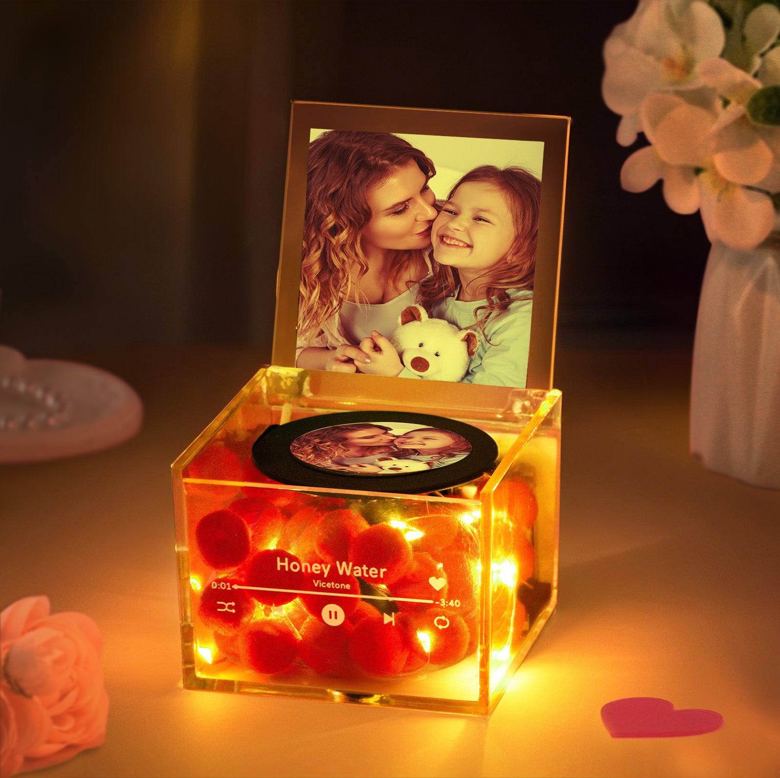 Mini Music Record Player Custom Photo with Light Personalized Music Acrylic Box Mother's Day Gifts for Mum