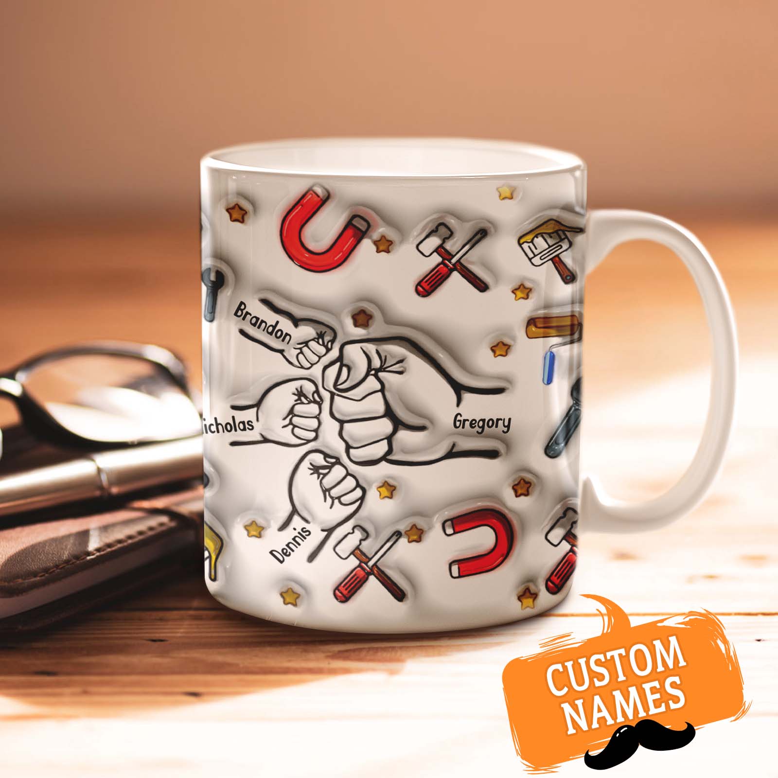 Personalized 3D Inflated Effect Printed Mug Custom 1-6 Kids' Names Father's Day Gifts for Dad