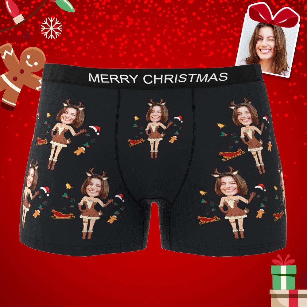 Custom Photo Boxer Christmas Elk Face Underwear Men's Underwear Couple Gifts Christmas Gift AR View
