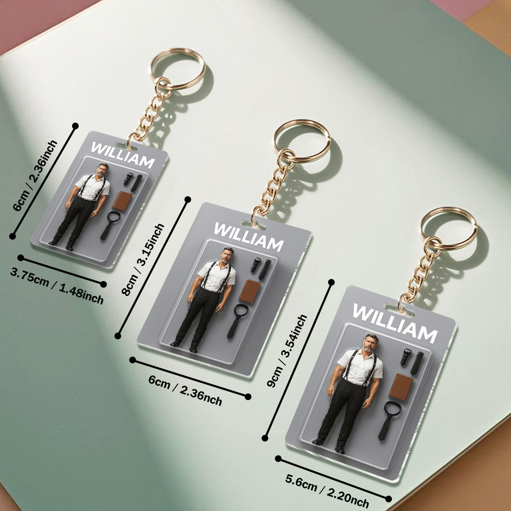 Fully Body Customizable 3D Effect Action Figure Pack Packaging Toy Box Style Art Gift Personalised 2D Printing Acrylic Keychain Gift for Dad Father's Day Gift